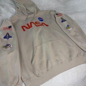 Bowery Hoodie Unisex Large Taupe Cotton Fleece Lined NASA Graphic Pullover